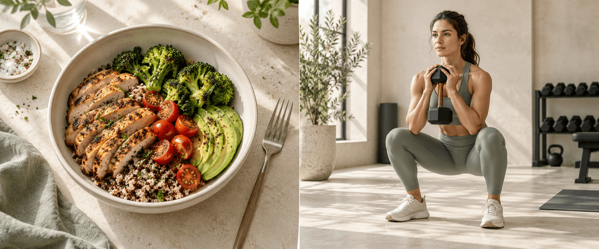 Grilled chicken, quinoa, avocado and vegetables in a ceramic bowl
